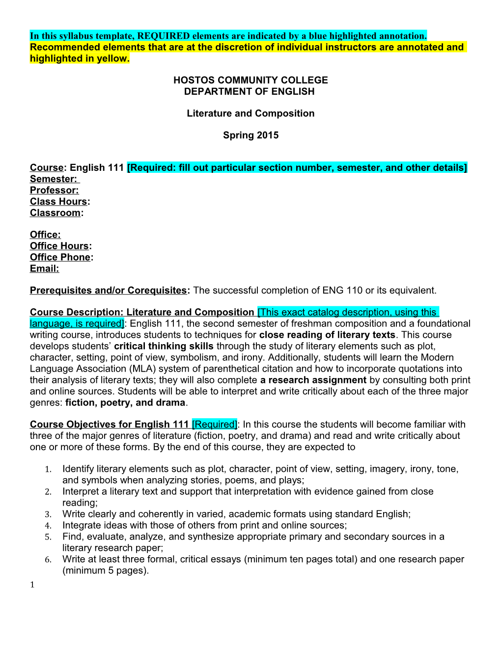 Annotated Syllabus Shell, Spring 2015