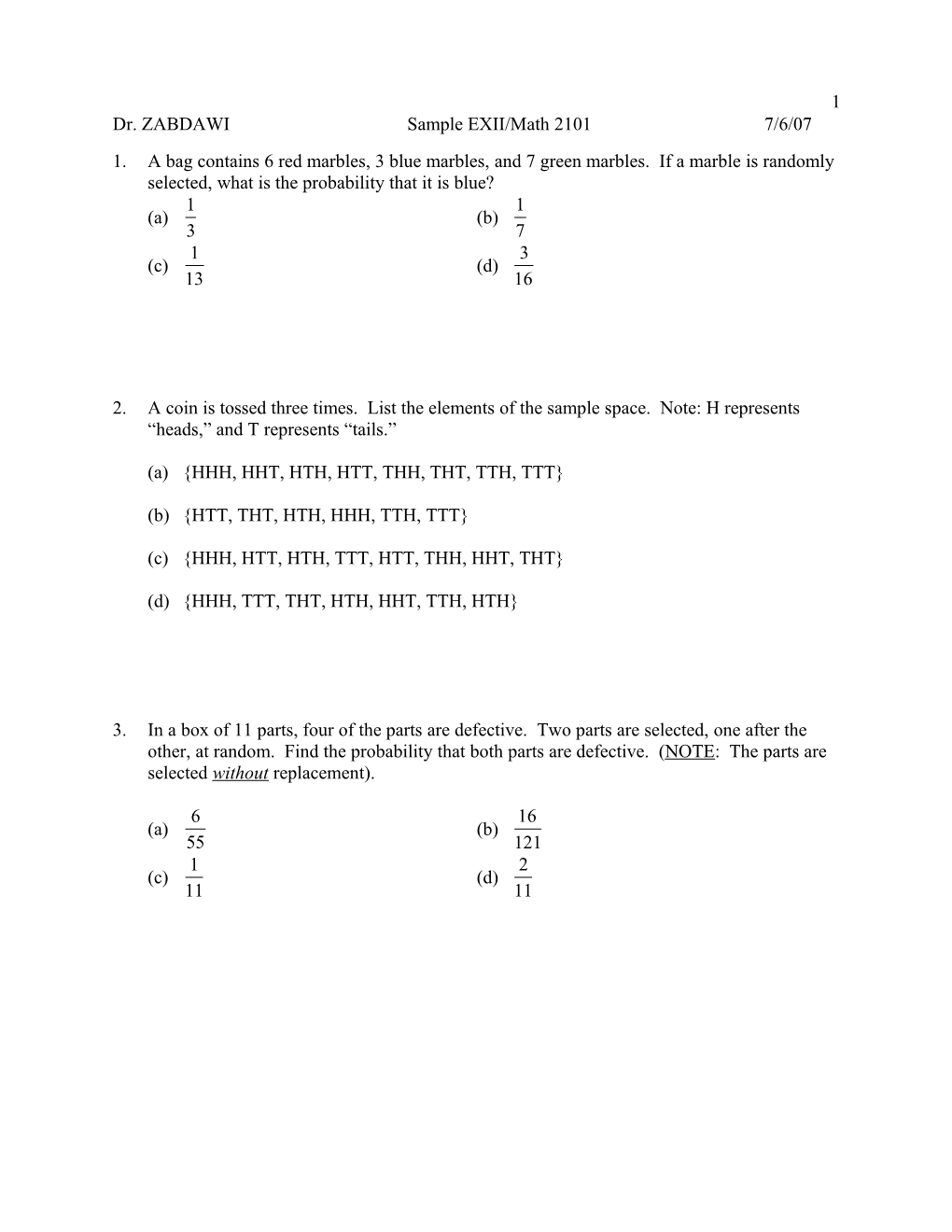 Dr. ZABDAWI Sample EXII/Math 2101 7/6/07