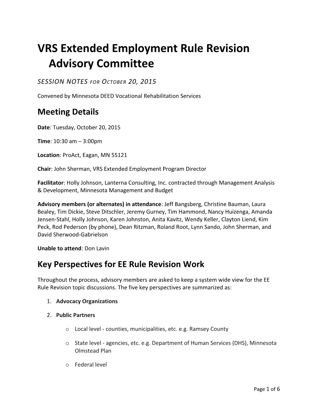 October 20, 2015 EE Rule Advisory Committee Meeting Minutes