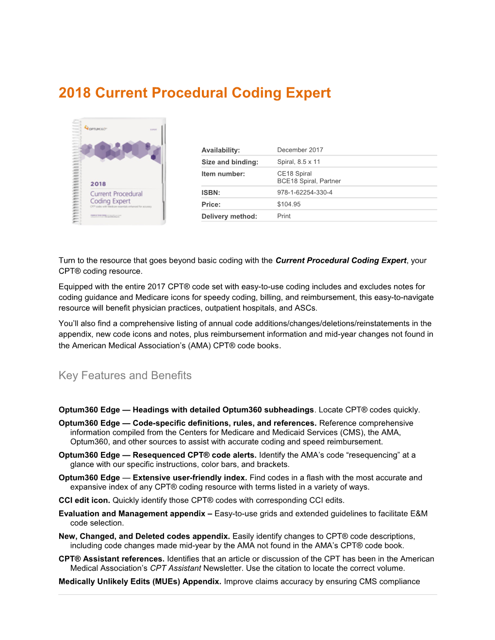 2018 Current Procedural Coding Expert