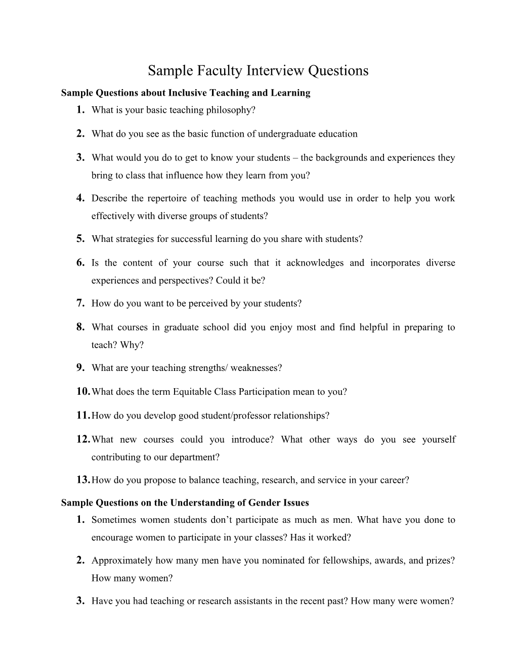 Sample Questions About Inclusive Teaching and Learning