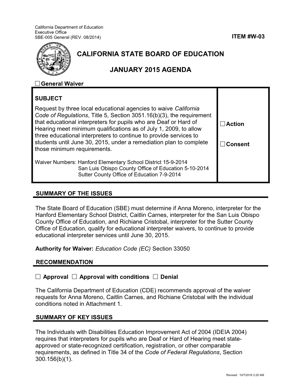 January 2015 Waiver Item W-03 - Meeting Agendas (CA State Board of Education)