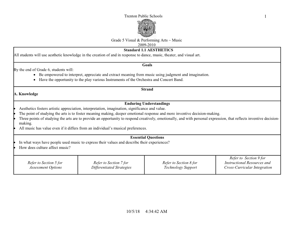 Grade 5 Visual & Performing Arts Music