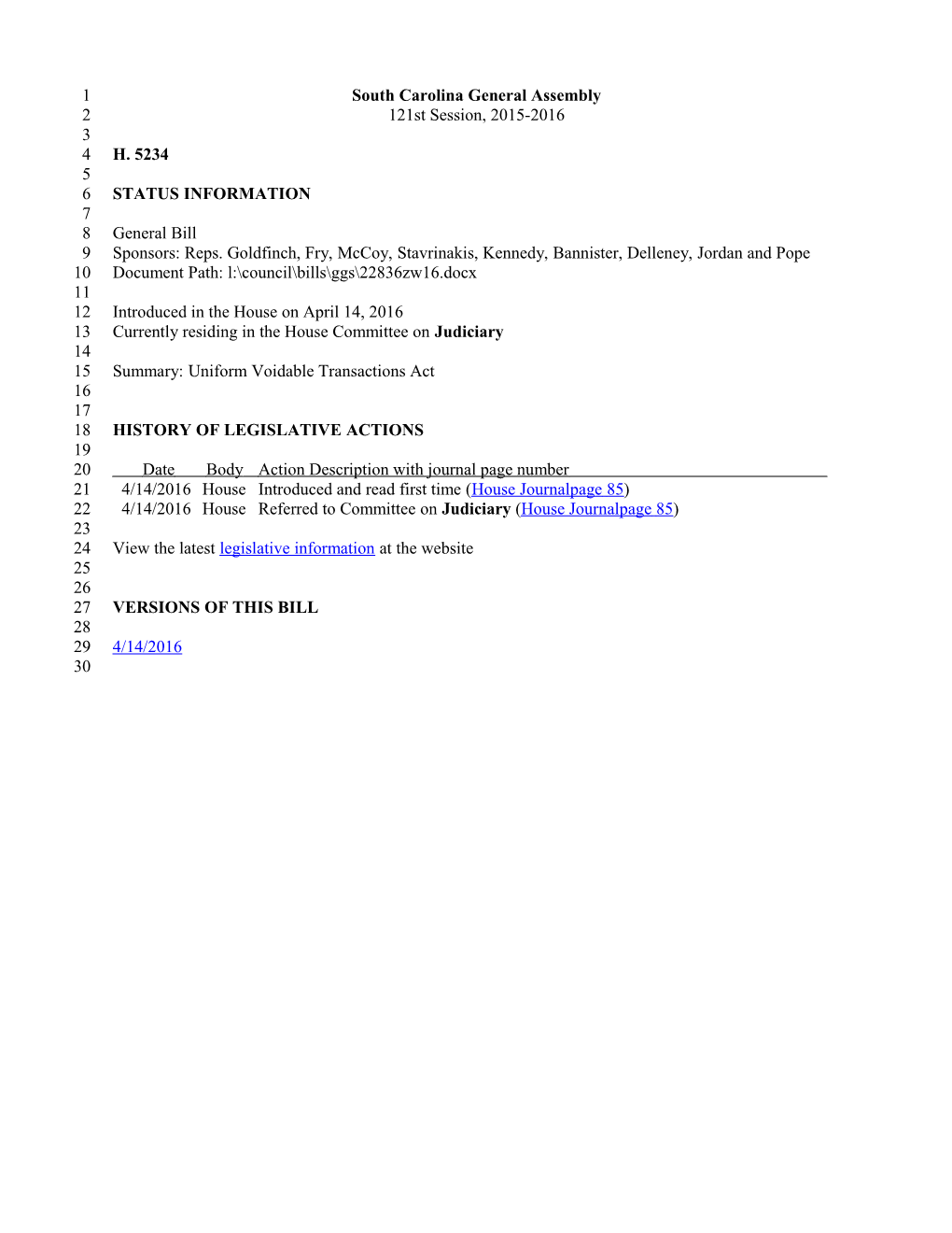 2015-2016 Bill 5234: Uniform Voidable Transactions Act - South Carolina Legislature Online