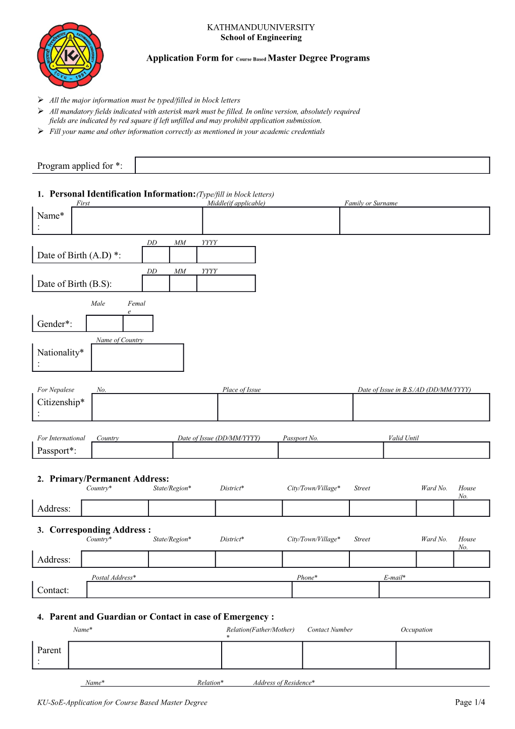 Application Form for Course Based Master Degree Programs