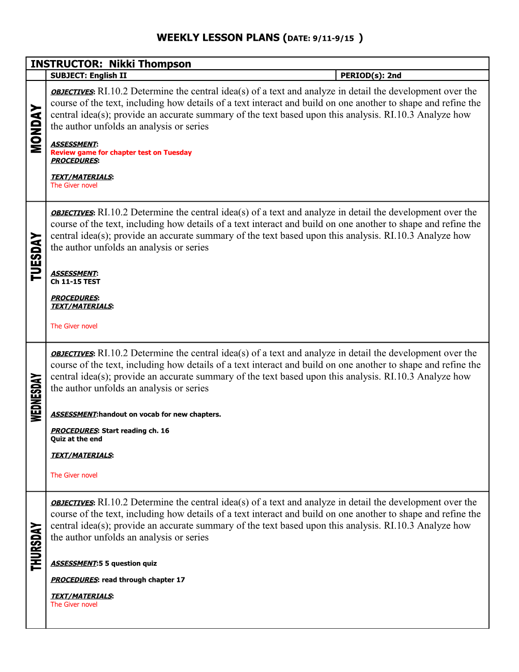 Weekly Lesson Plans (Date: 8/28-9/1 )