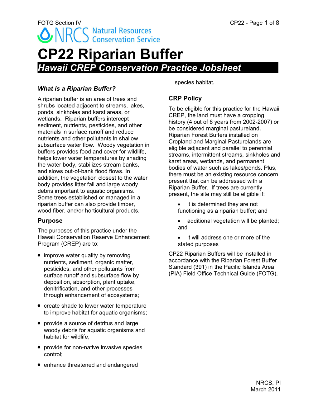 Hawaii CREP Conservation Practice Jobsheet