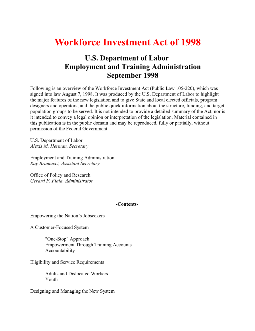 Workforce Investment Act of 1998