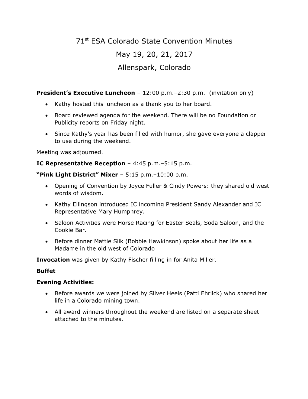 71St ESA Colorado State Convention Minutes