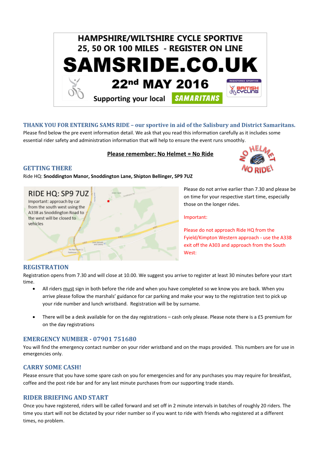 THANK YOU for ENTERING SAMS RIDE Our Sportive in Aid of the Salisbury and District Samaritans