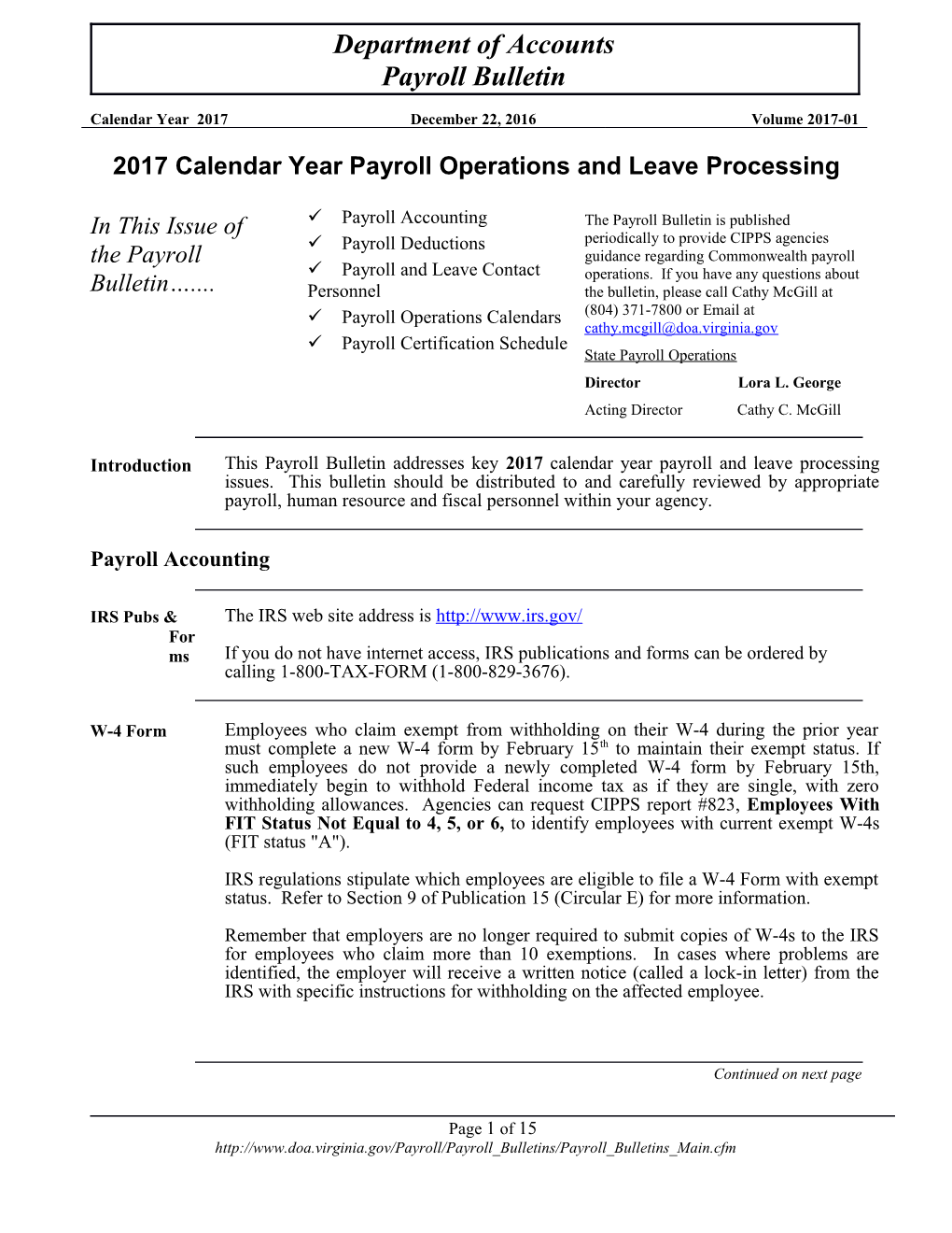 2017 Calendar Year Payroll Operations and Leave Processing