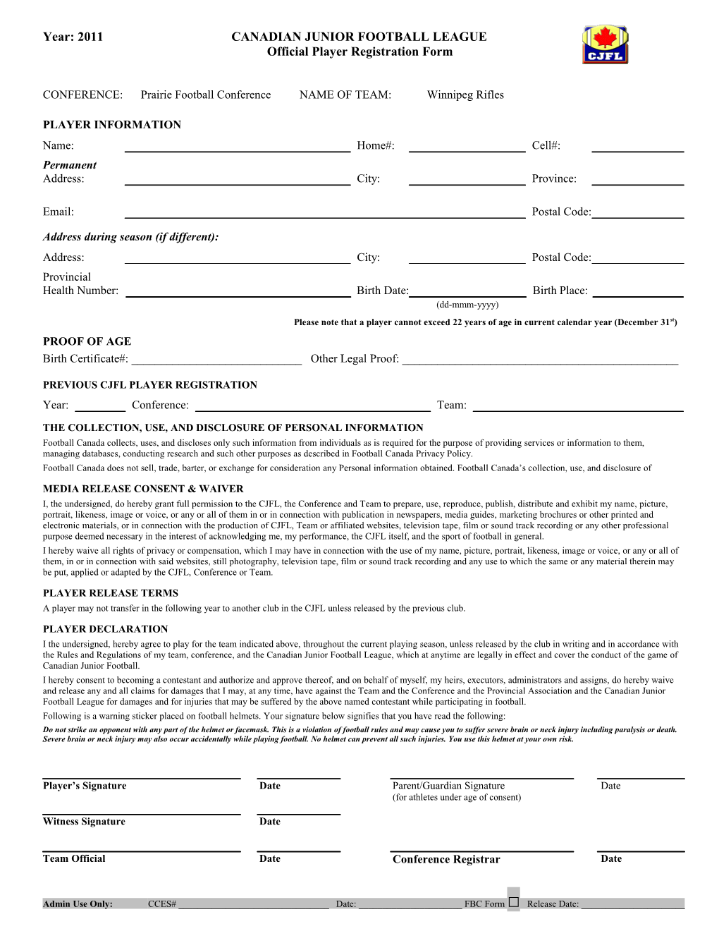 CJFL Registration Form