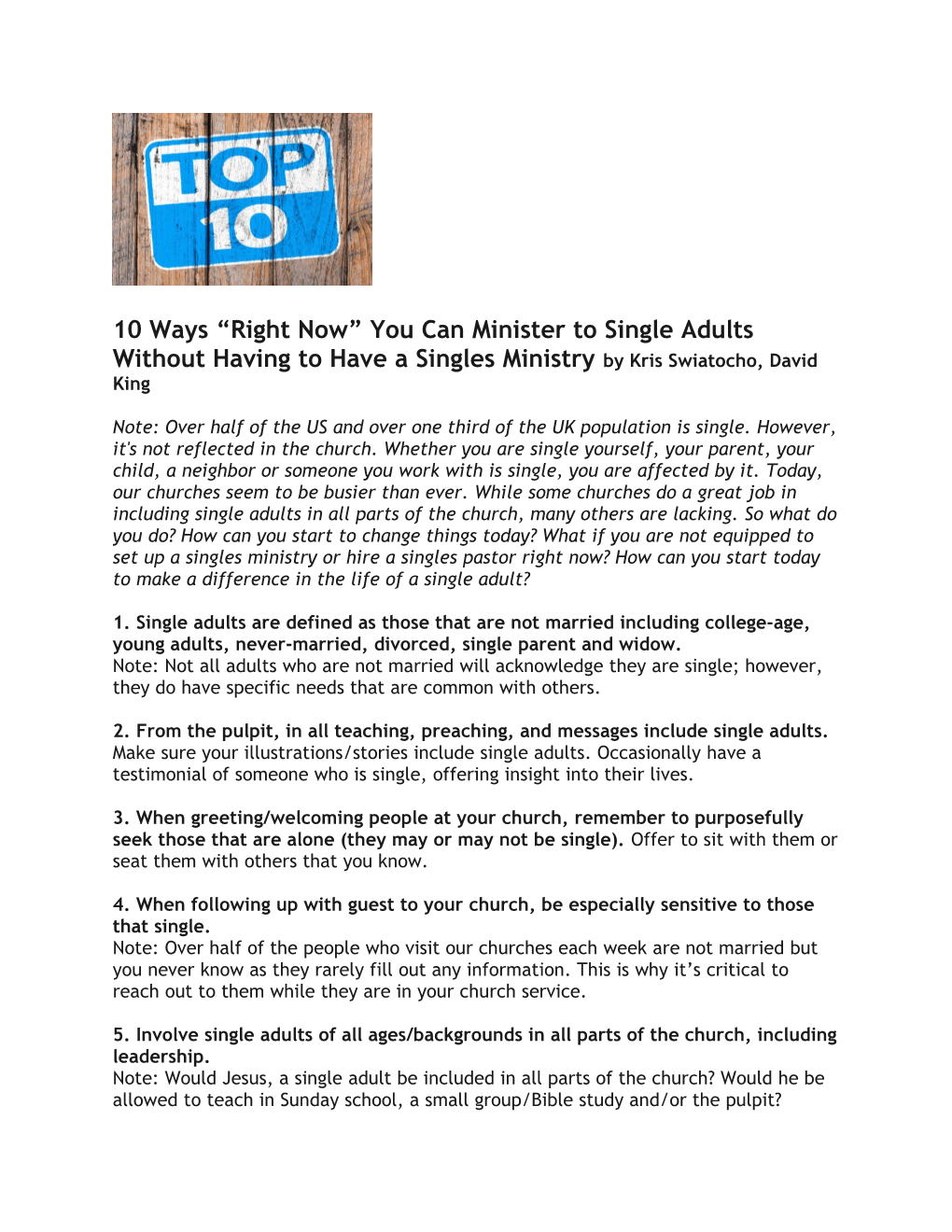 10 Ways Right Now You Can Minister to Single Adults Without Having to Have a Singles Ministryby