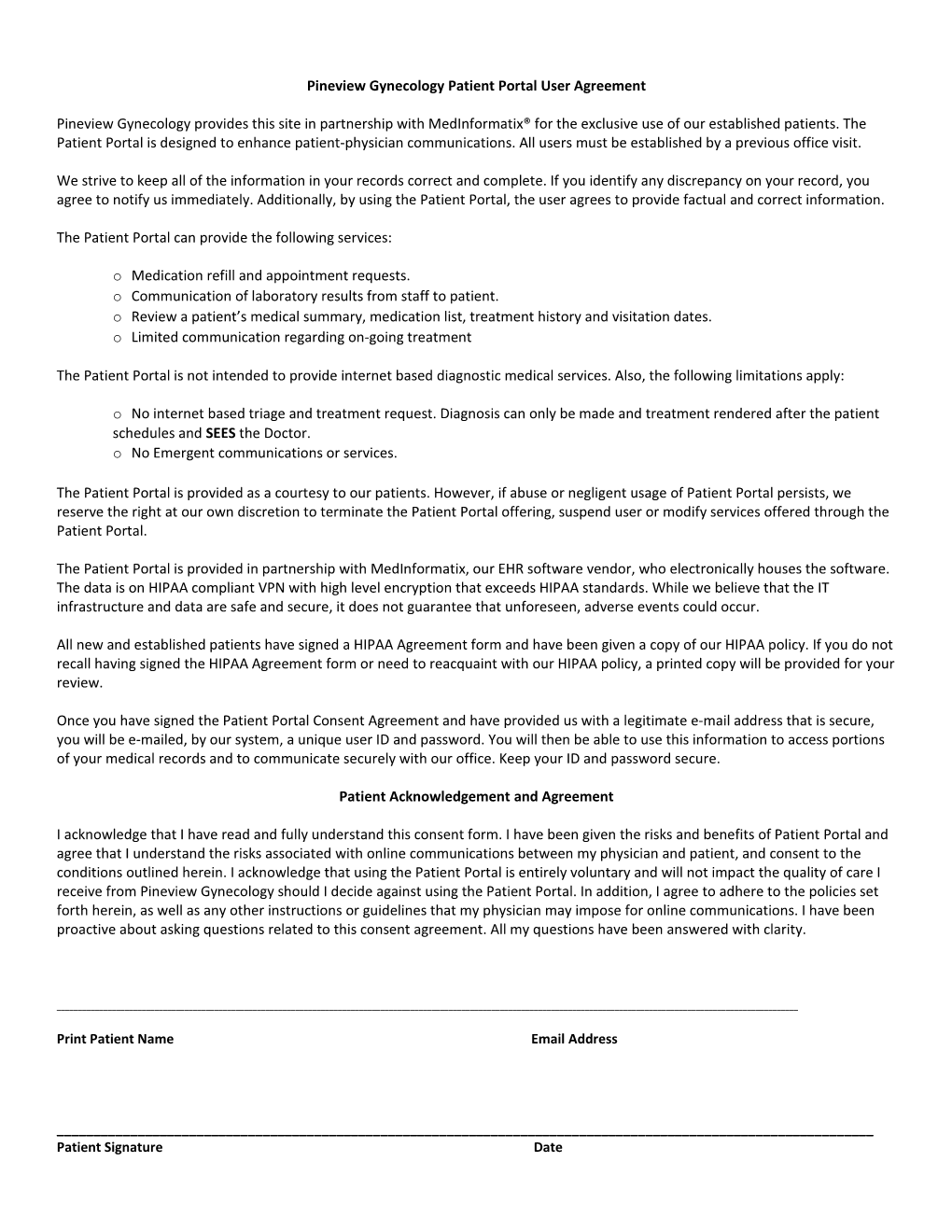 Pineview Gynecology Patient Portal User Agreement