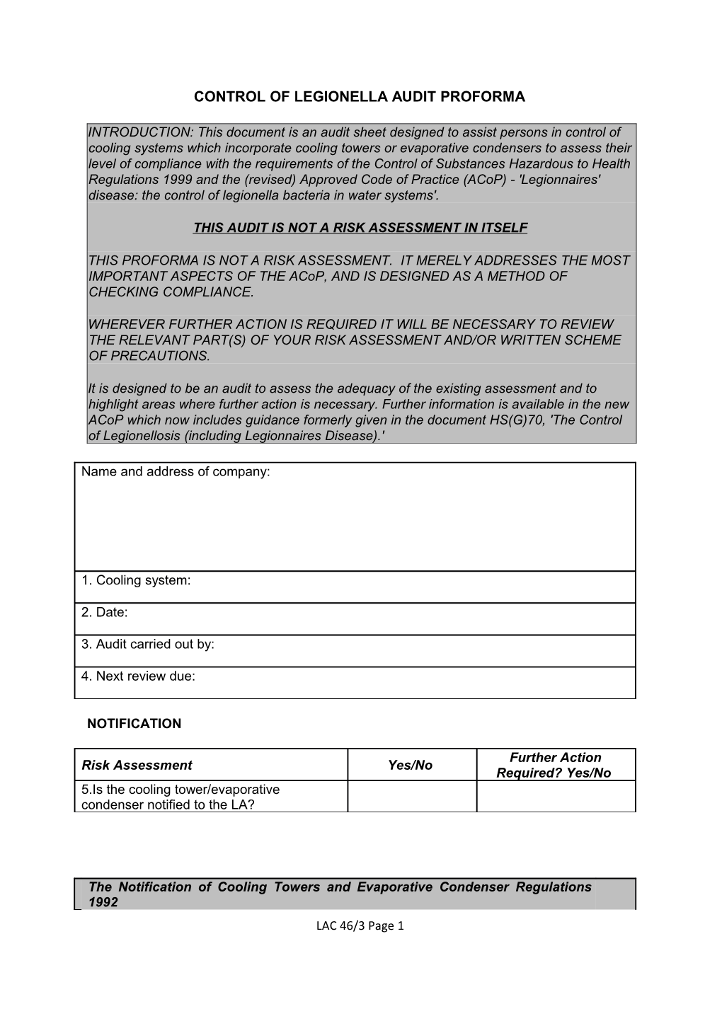 Control of Legionella Audit Proforma