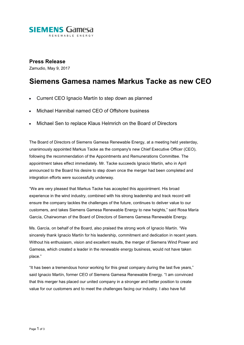 Siemens Gamesa Names Markus Tacke As New CEO
