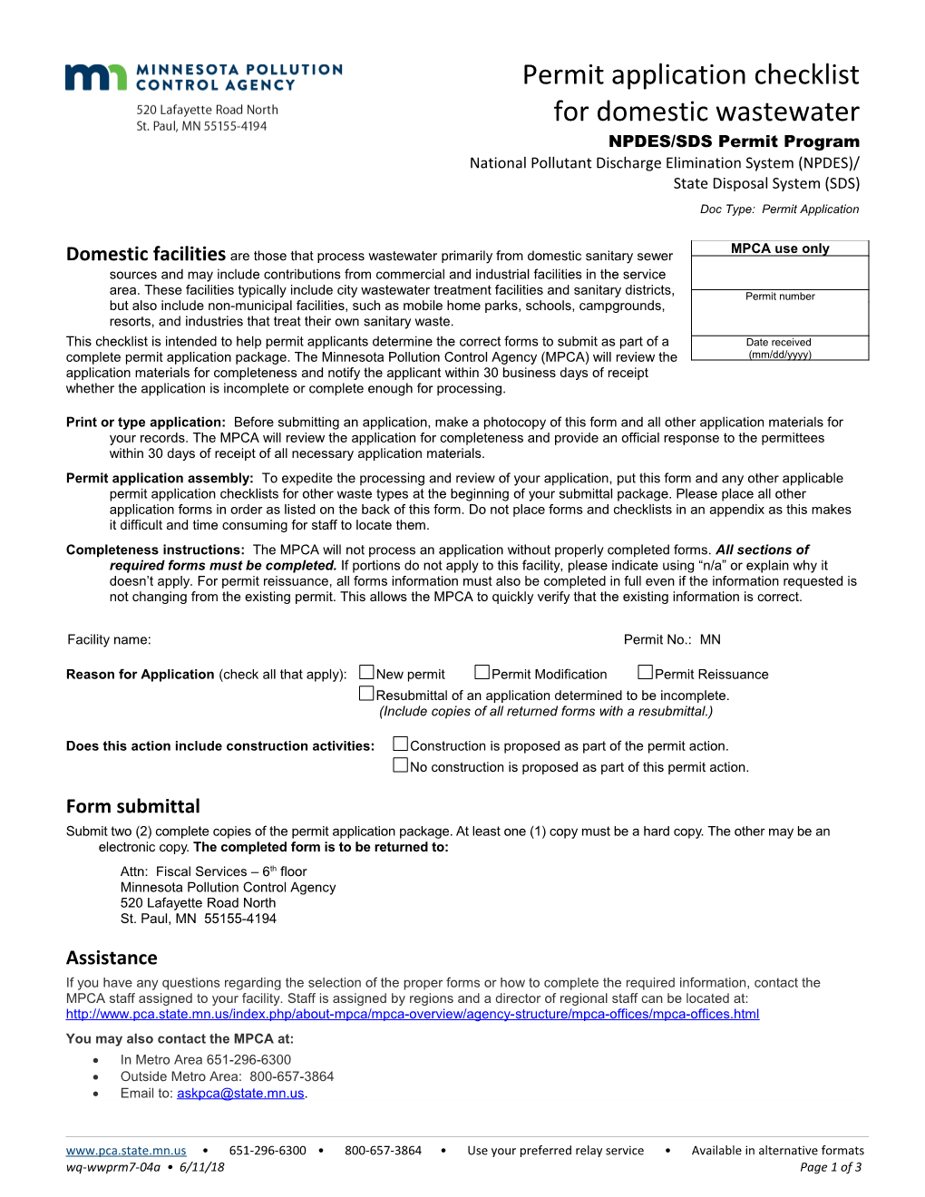 Permit Application Checklist for Domestic Wastewater