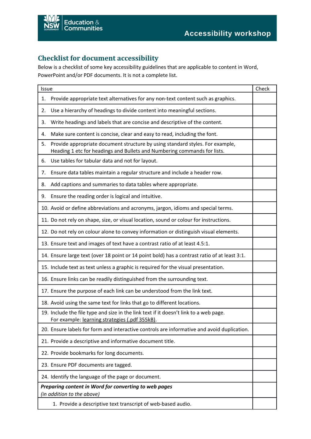 Checklist for Document Accessibility