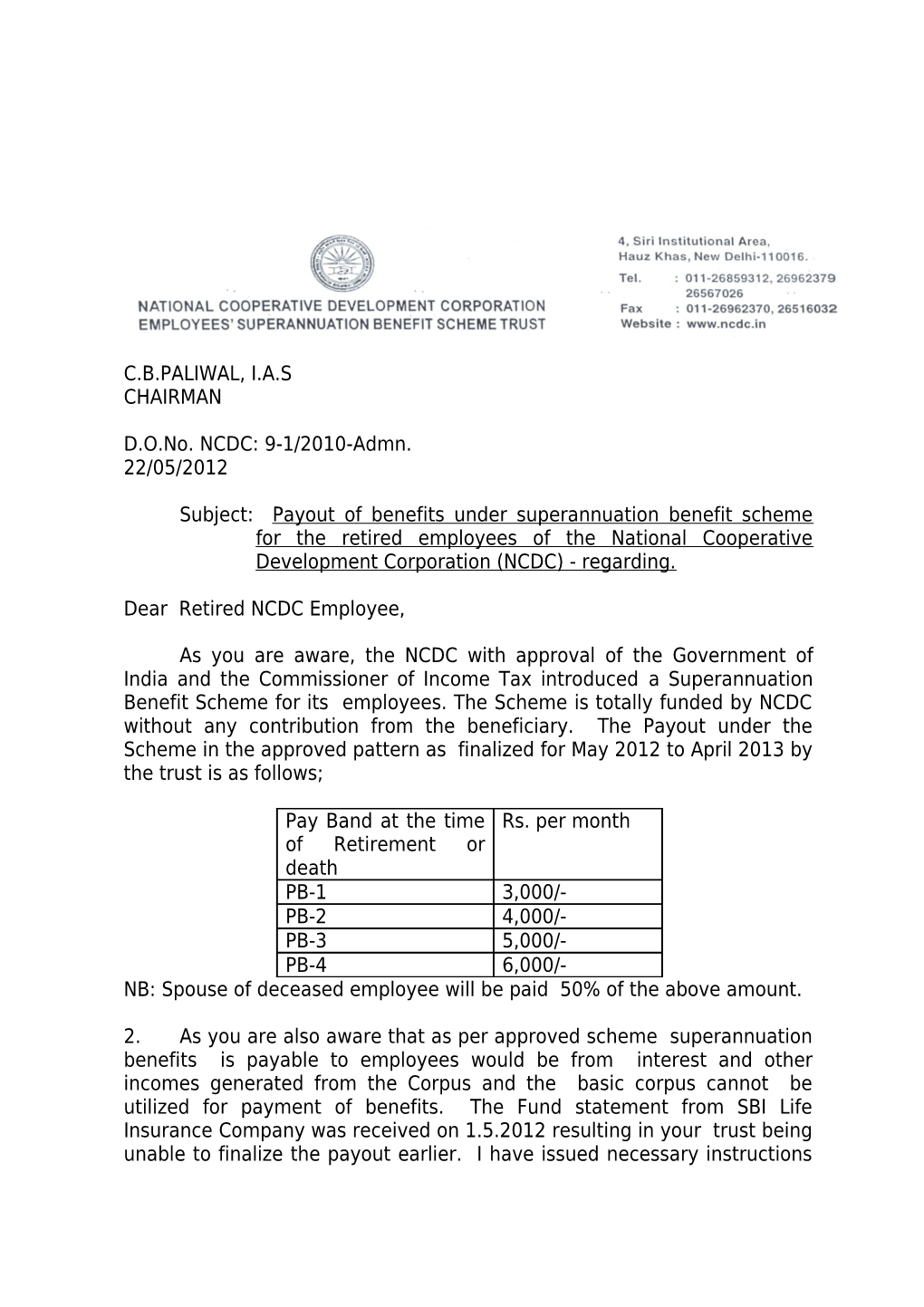 D.O.No. NCDC: 9-1/2010-Admn. 22/05/2012