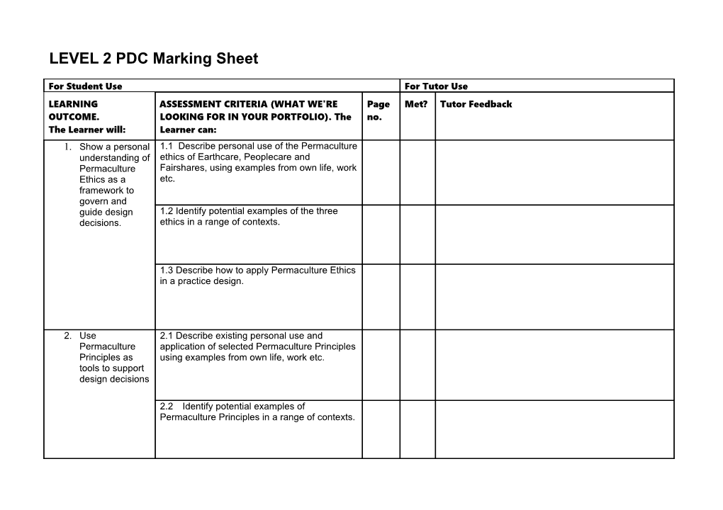 LEVEL 2 PDC Marking Sheet