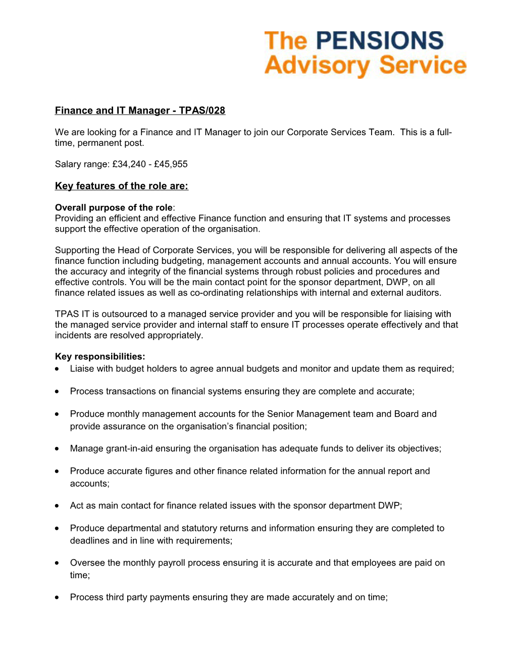 Finance and IT Manager - TPAS/028