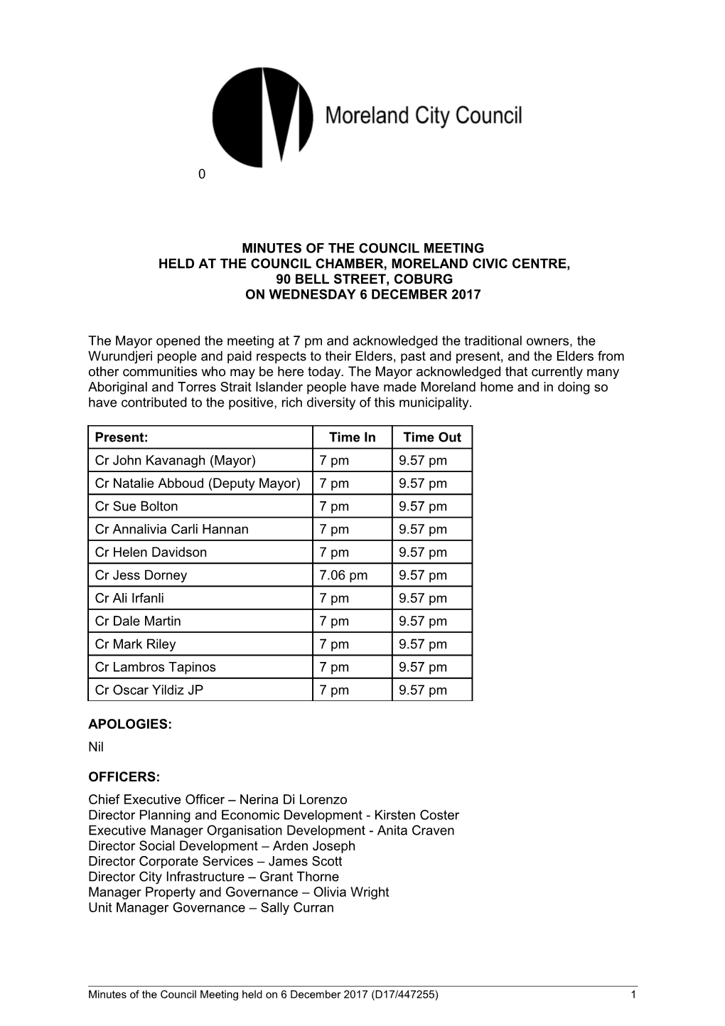 Minutes of Council Meeting - 6 December 2017