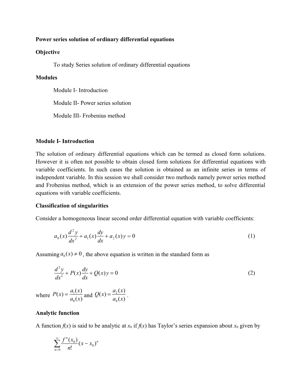 Power Series Solution of Ordinary Differential Equations