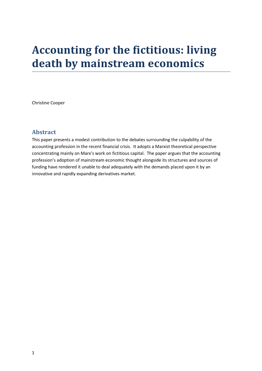 Accounting for the Fictitious: Living Death by Mainstream Economics