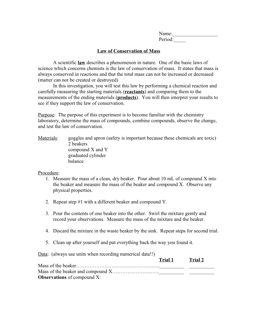 Law of Conservation of Mass