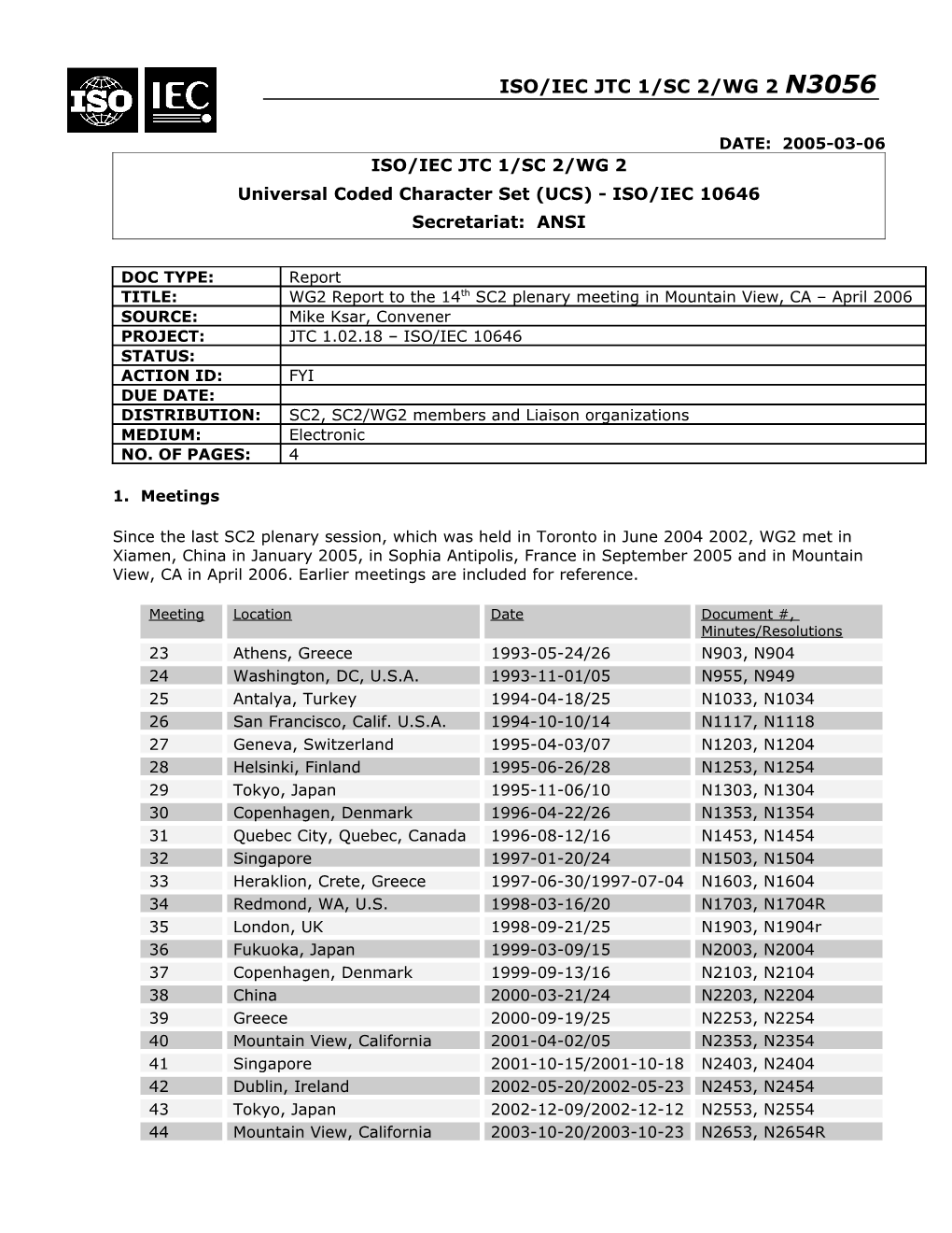 WG2 Report to the 13Th SC2 Plenary Meeting - Toronto 6/2004