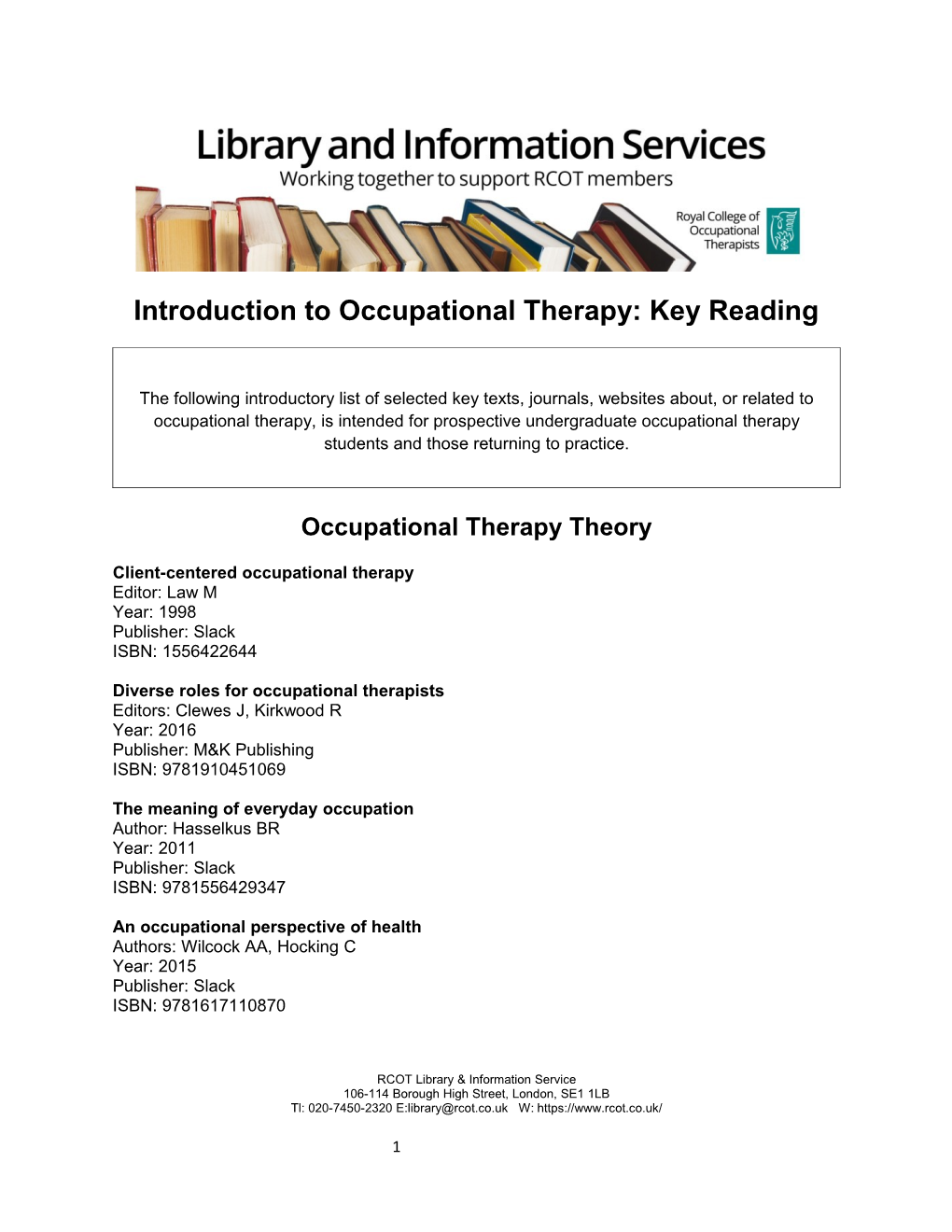 Introduction to Occupational Therapy: Key Reading