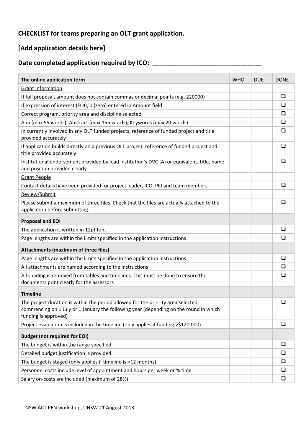 CHECKLIST for Teams Preparing an OLT Grant Application