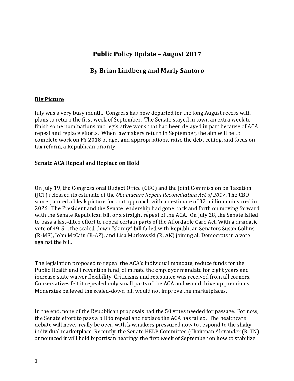 Public Policy Update August 2017