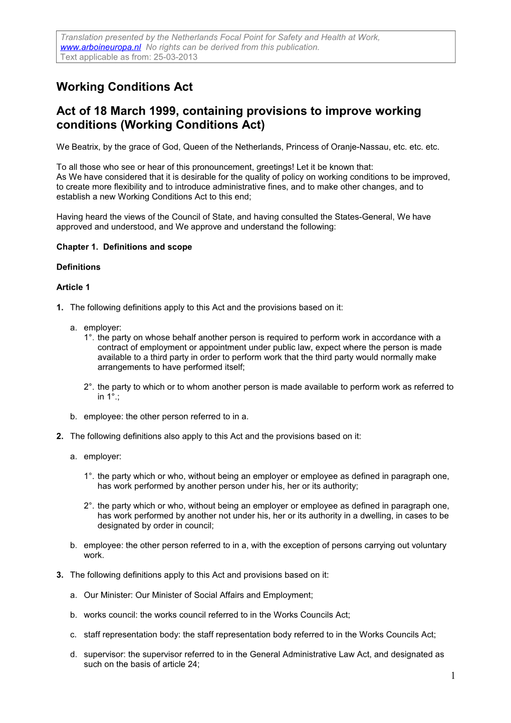 Working Conditions Act