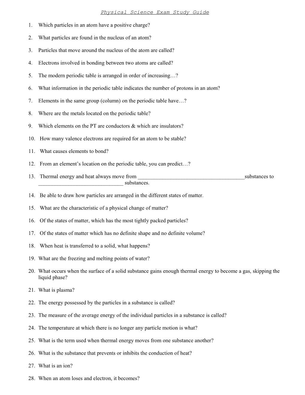 Physical Science Exam Study Guide