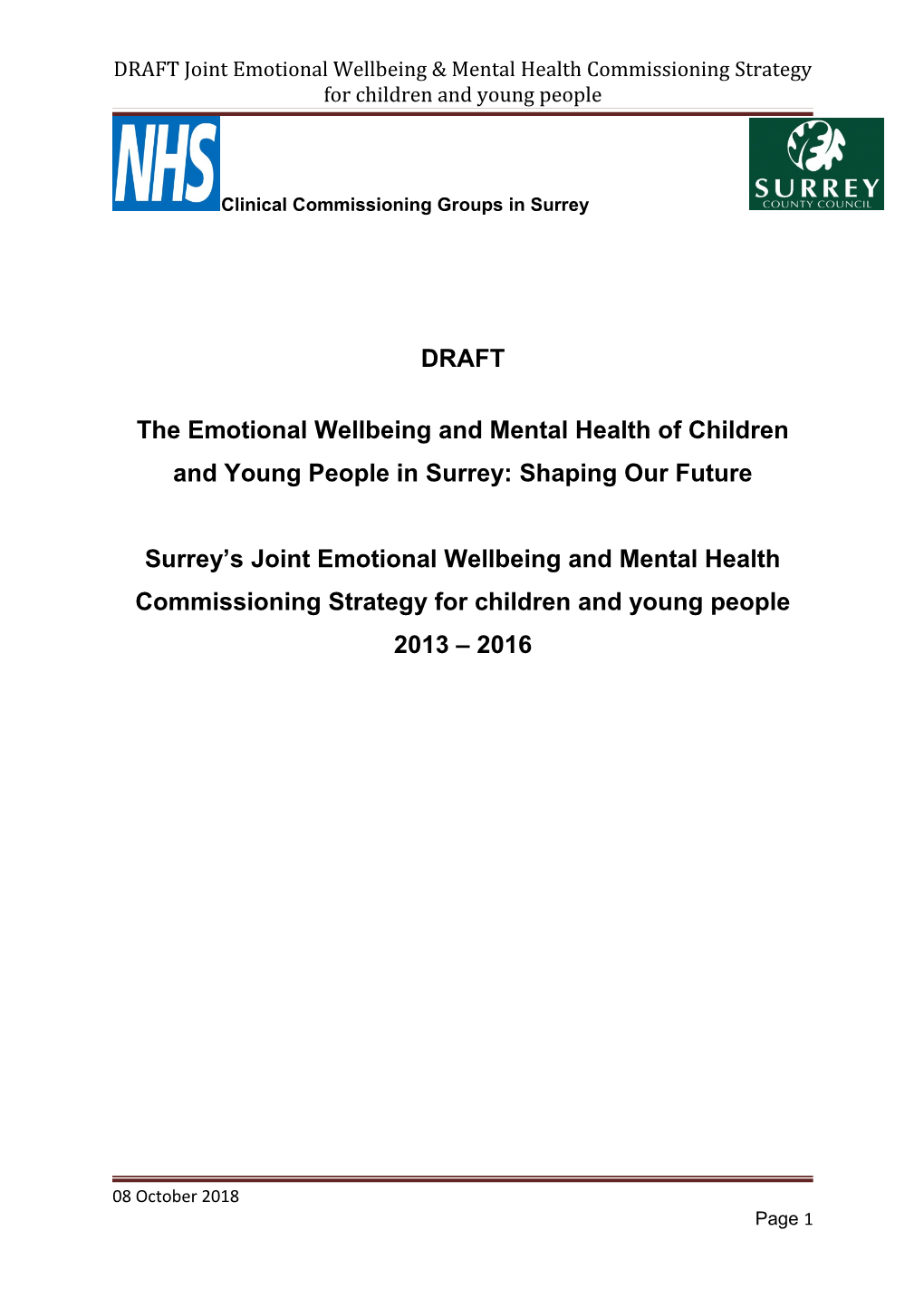DRAFT Joint Emotional Wellbeing & Mental Health Commissioning Strategy for Children And