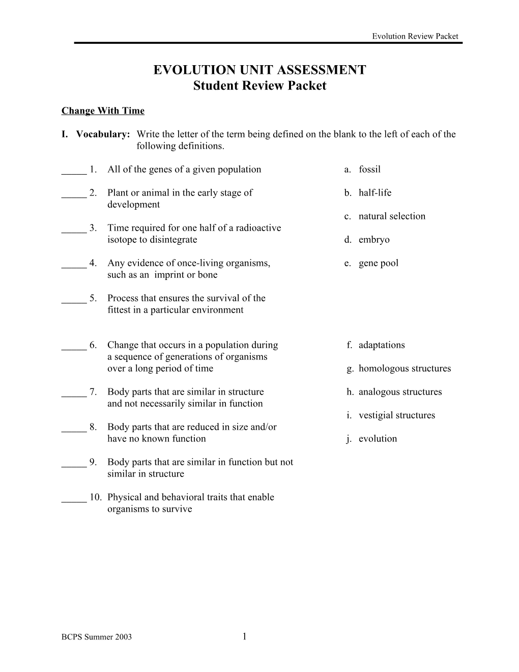 Evolution Unit Assessment