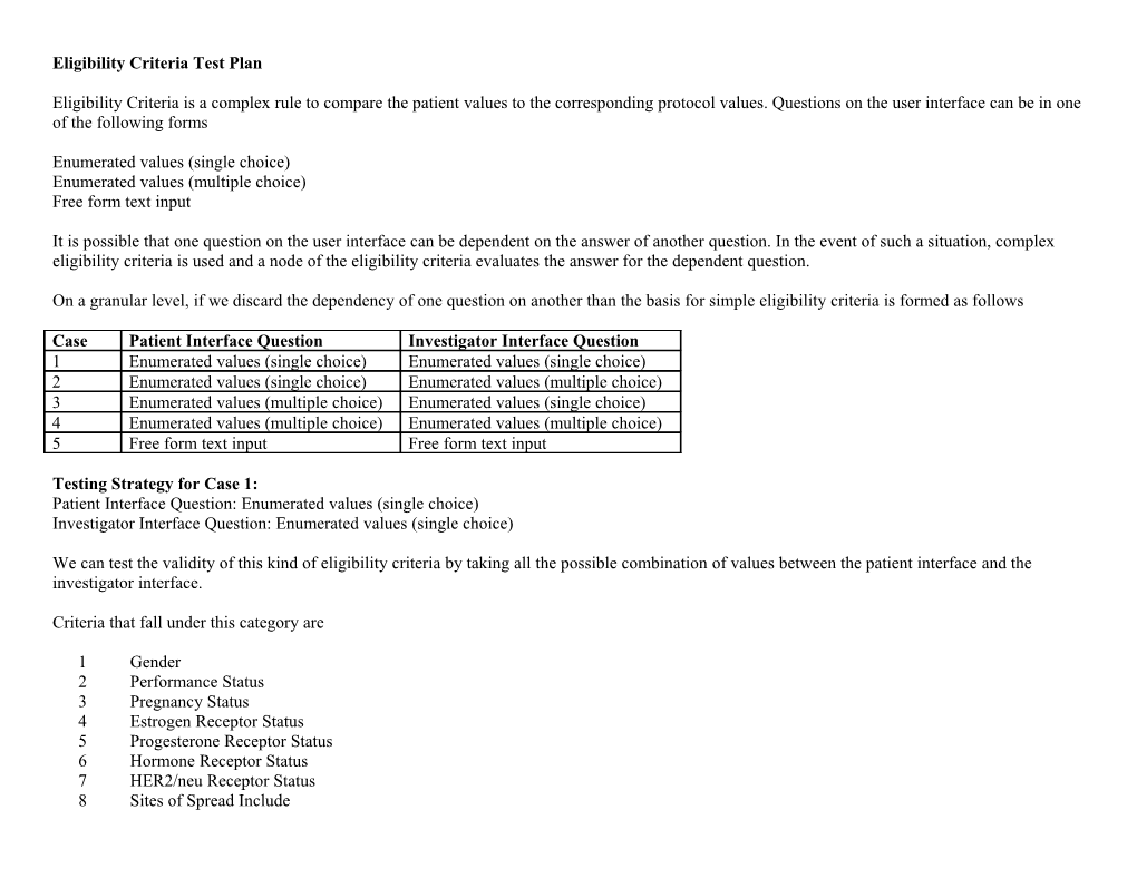 Eligibility Criteria Test Plan