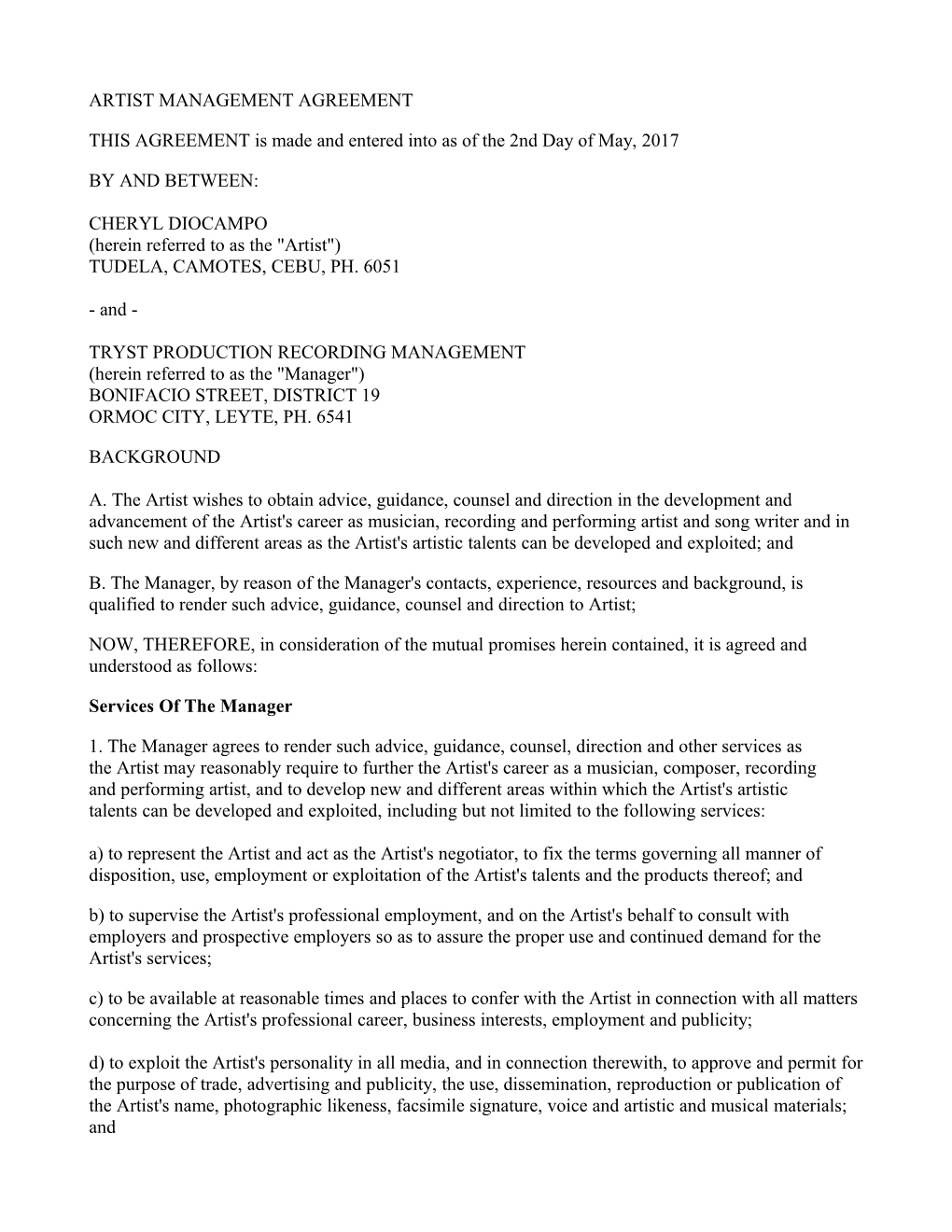 Artist Management Agreement