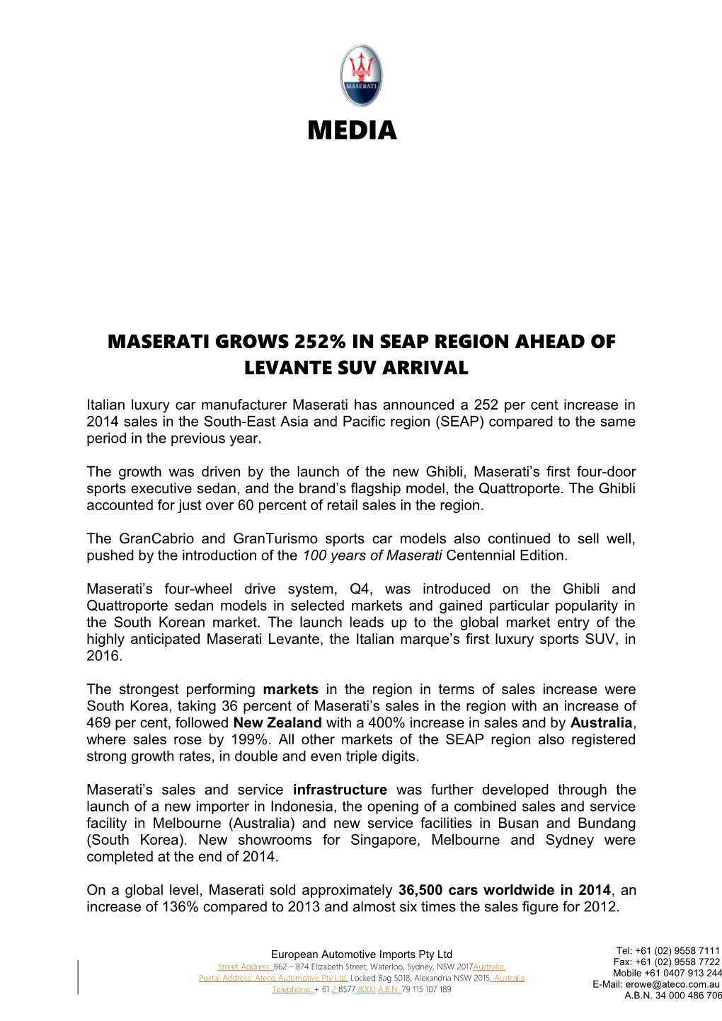 Maserati Grows 252% in SEAP Region Ahead of Levante SUV Arrival