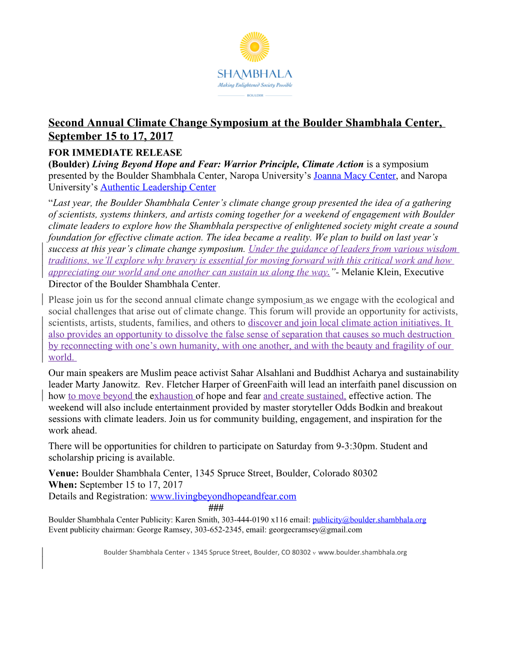 Second Annual Climate Change Symposium at the Boulder Shambhala Center, September 15 To