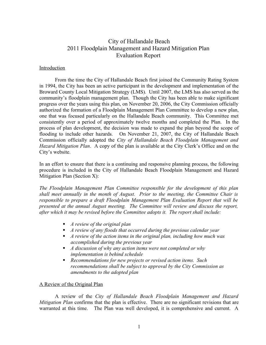 2011Floodplain Management and Hazard Mitigation Plan Evaluation Report