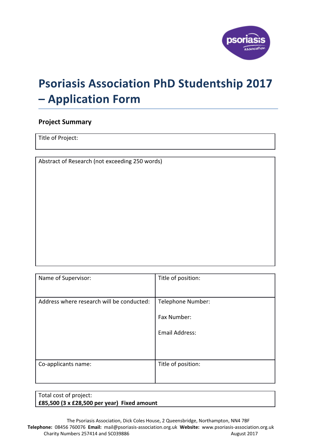 Psoriasis Association Phd Studentship 2017 Application Form
