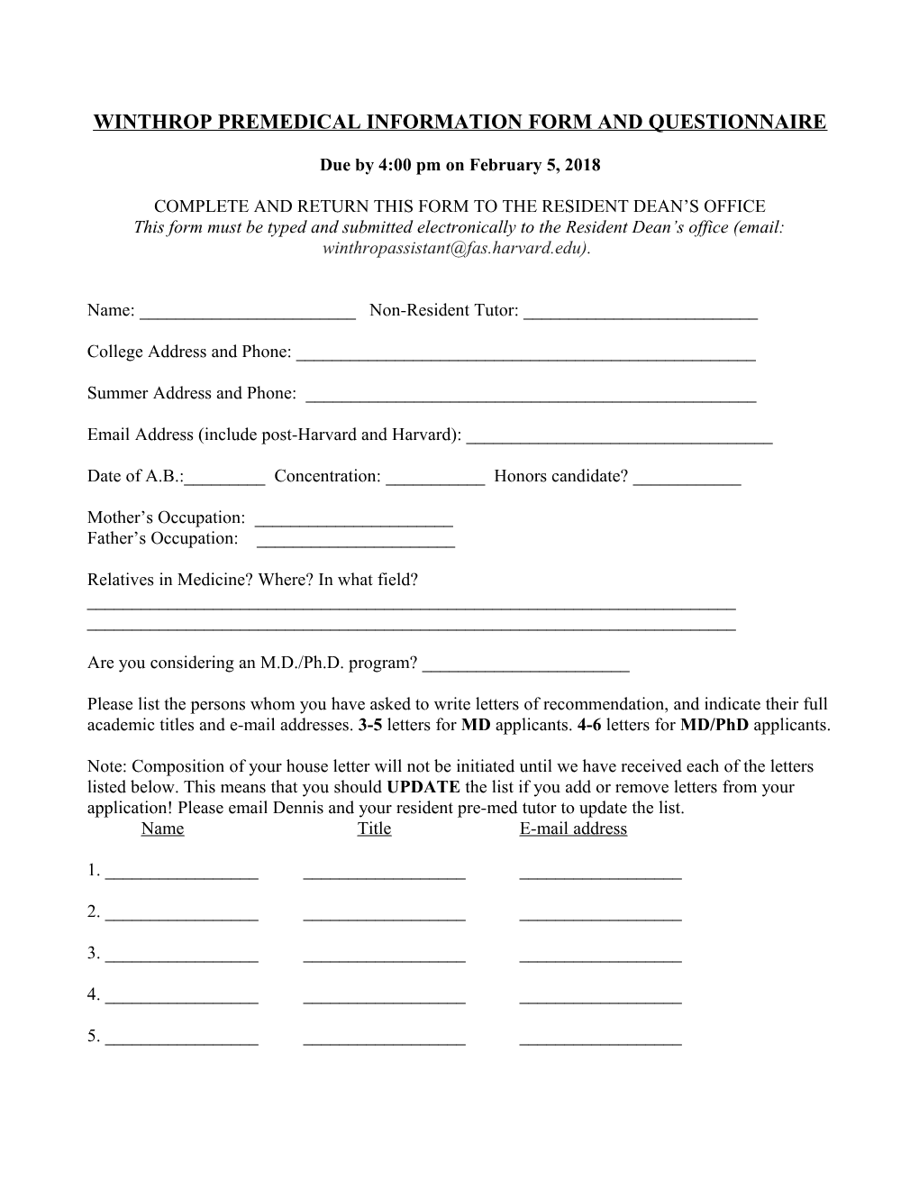 Winthrop Premedical Information Form