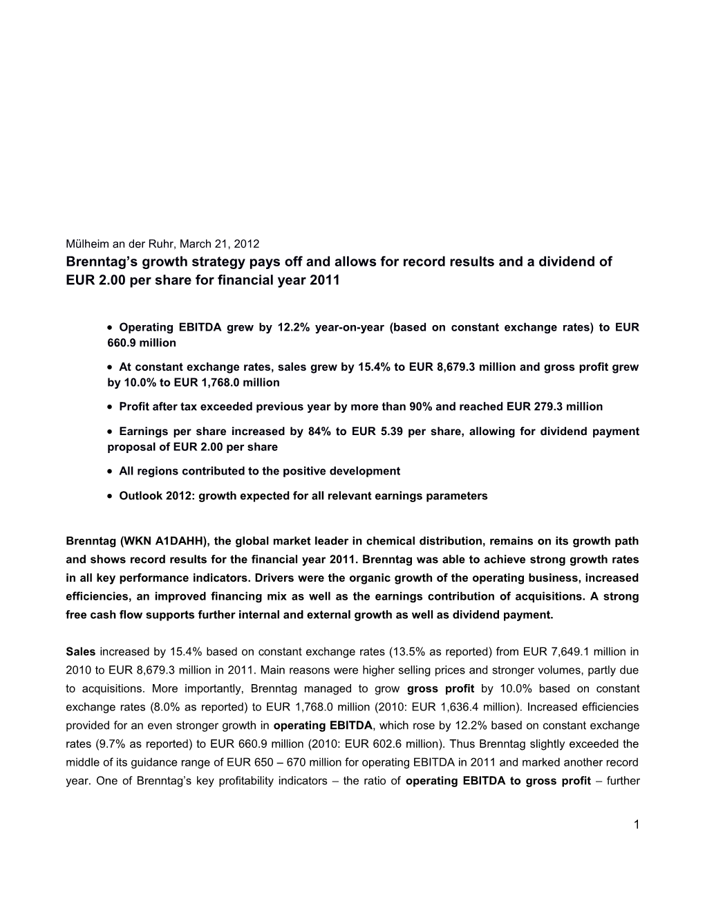 Operating EBITDA Grew by 12.2% Year-On-Year (Based on Constant Exchange Rates) to EUR