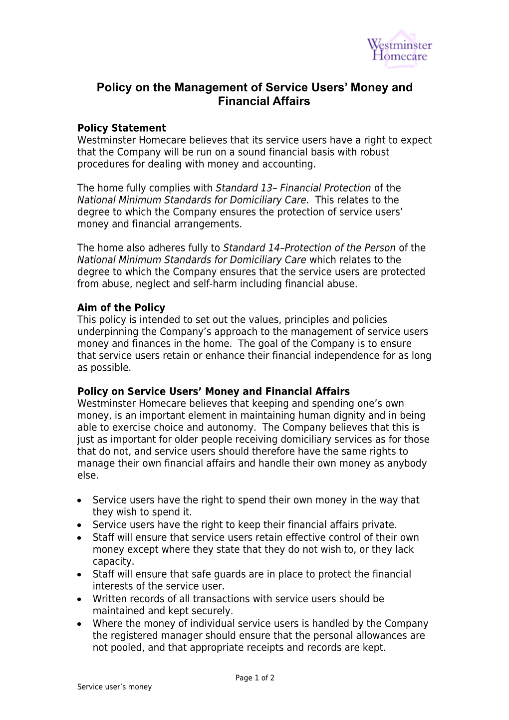 Policy on the Management of Service Users Money and Financial Affairs