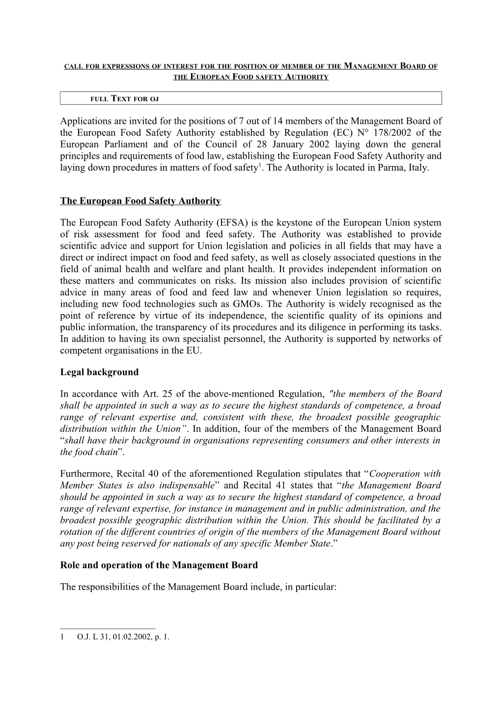 Call for Expressions of Interest for the Position of Member of the Management Board Of
