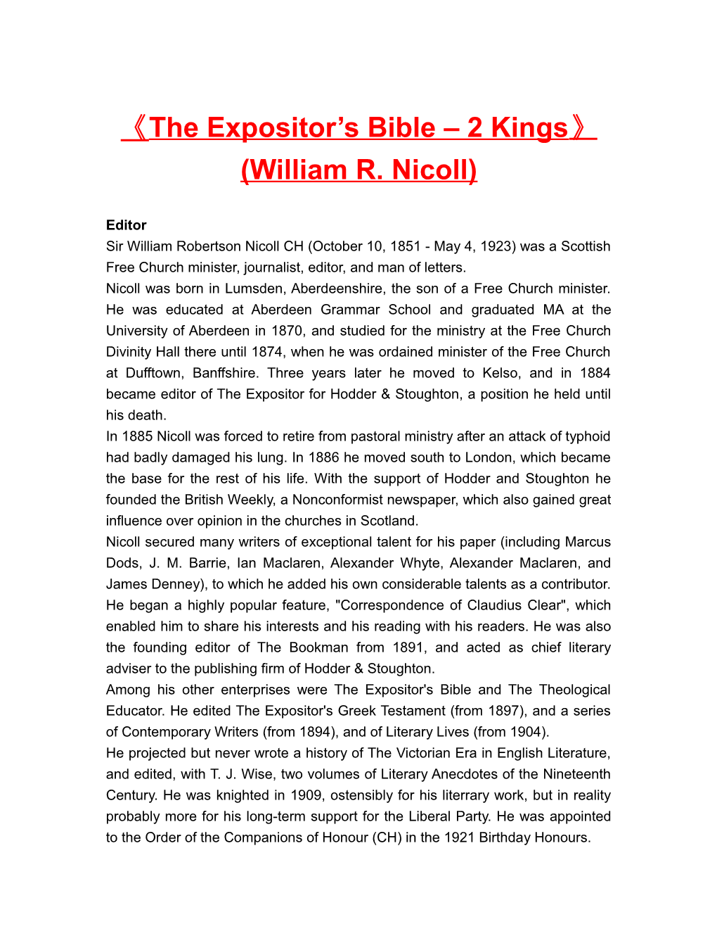 The Expositor S Bible 2 Kings (William R. Nicoll)