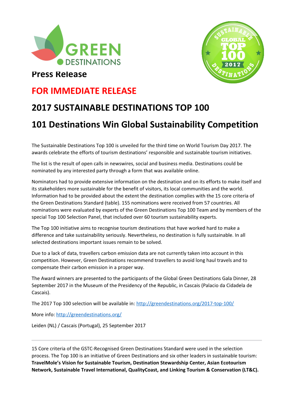 101 Destinations Win Global Sustainability Competition