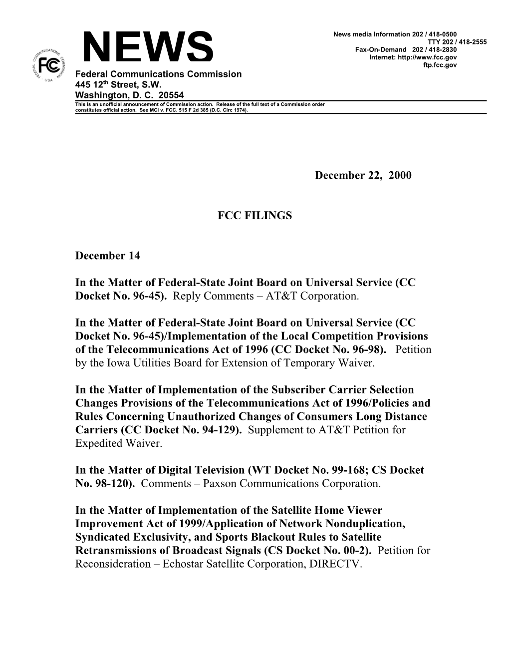 In the Matter of Federal-State Joint Board on Universal Service (CC Docket No. 96-45)
